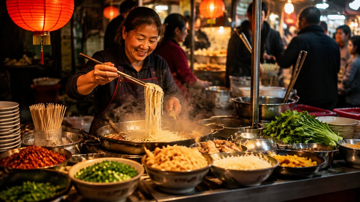 亚洲夜市摊位现煮面食
